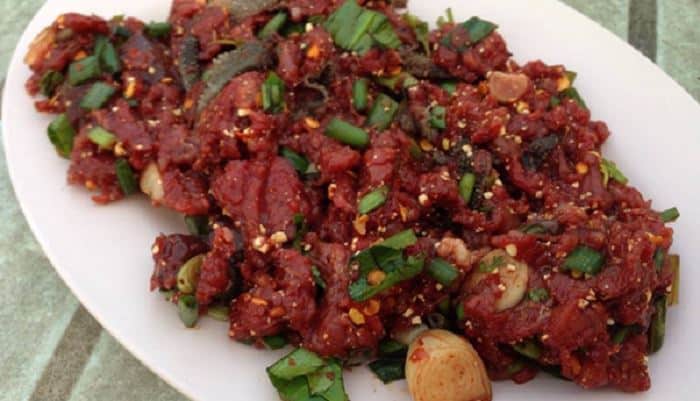 Larb Leuat Neua, 1. Fried Worms, 2. Goong Ten, 3. Sadow Leaves, 4. Larb Leuat Neua, 5. Fried Bugs, 6. Kai Yiew Ma, 7. Som Tam Hoy Dong, 8. Mok Huak, 9. Larb Mote Daeng, 10. Ant eggs
