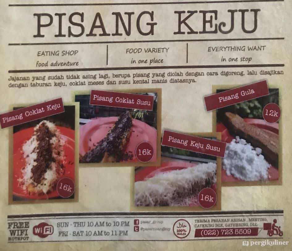 1. Pisang Keju Papanday, 2. Cafe Madtari, 3. Pisang Coklat Keju Kasmin, 4. Laksana Jaya Pisang Keju, Pasar Cisangkuy, 5. Pisang Keju Coklat Penasaran Pempek Palembang Metro, 6. Pisang Tanduk Keju Kemuning, 7. The Kiosk, 8. Warunk Upnormal, 9. PomPom Pisang Keju
