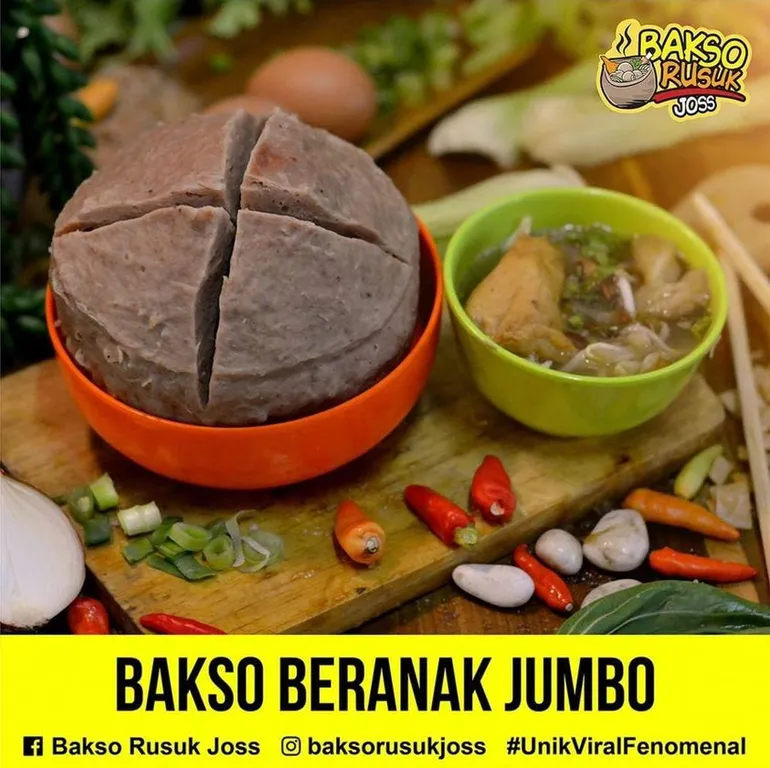 Bakso Beranak Jumbo, 1. Bakso Rusuk Ori, 2. Bakso Rusuk Super, 3. Bakso Beranak Jumbo, 4. Bakso Lava, 5. Bakso Rusuk Hotplate Jablay, 6. Ricebowl Blackpepper, 7. Sop Ceker Bakso, 8. Mie Ayam Bakso, 9. Bakso Buaya, 10. Bakso Bambu Bakar