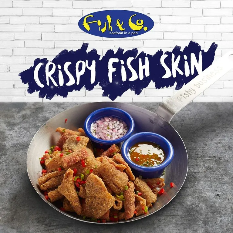Crispy Fish Skin, 1. Fish & Chips, 2. Seafood Platter, 3. Fried Calamari, 4. Paella Rice with Grilled Chicken Peri-Peri Sauce, 5. Pasta, 6. Salmon Cajun with Lemon Butter Sauce, 7. Crispy Fish Skin, 8. Grilled Corn with Garlic Butter, 9. Caesar Salad