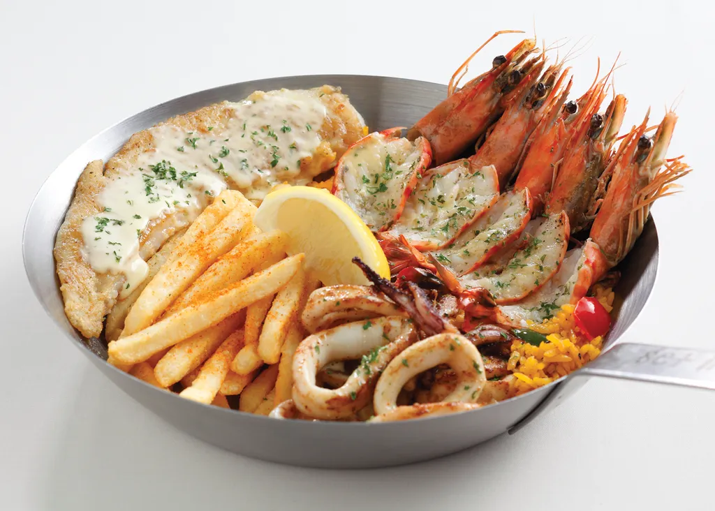 Seafood Platter, 1. Fish & Chips, 2. Seafood Platter, 3. Fried Calamari, 4. Paella Rice with Grilled Chicken Peri-Peri Sauce, 5. Pasta, 6. Salmon Cajun with Lemon Butter Sauce, 7. Crispy Fish Skin, 8. Grilled Corn with Garlic Butter, 9. Caesar Salad