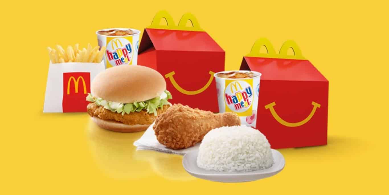 Happy Meal, 1. Mini Cuts Spicy Chicken, 2. McNuggets , 3. Chicken Snack Wrap, 4. Apple Pie, 5. Kentang Goreng, 6. Happy Meal, 7. Big Mac, 8. Cheese Burger, 9. Ayam Krispy, 10. Ayam Spicy, 11. McFlurry Oreo, 12. Hazelnut Frappe, 1. Cheese Steak Burger, 2. Pomegranate Fizz, 3. McFlurry Cadbury, 4. Ayam Gulai McD, 5. Beef Prosperity Burger, 6. Burger Rendang Spesial, 7. Gulai Gurih McShaker Fries