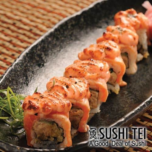 Salmon Mentai Sushi, 1. Aburi Salmon Roll, 2. Agedashi Tofu, 3. Unagi Hitsumabushi, 4. Spicy Miso Ramen, 5. Sashimi, 6. Salmon Mentai Sushi, 7. Jumbo Dragon Roll, 8. Shisamo, 9. Teriyaki Chicken, 10. Fuji Roll, 11. Spicy Salmon Inari, 12. Tori Teba Cheese