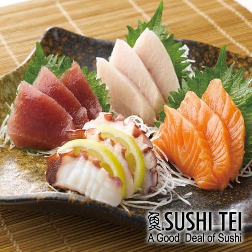 Sashimi, 1. Aburi Salmon Roll, 2. Agedashi Tofu, 3. Unagi Hitsumabushi, 4. Spicy Miso Ramen, 5. Sashimi, 6. Salmon Mentai Sushi, 7. Jumbo Dragon Roll, 8. Shisamo, 9. Teriyaki Chicken, 10. Fuji Roll, 11. Spicy Salmon Inari, 12. Tori Teba Cheese