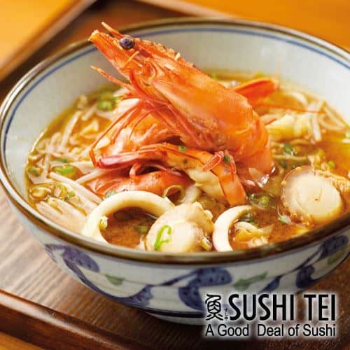 Spicy Miso Ramen, 1. Aburi Salmon Roll, 2. Agedashi Tofu, 3. Unagi Hitsumabushi, 4. Spicy Miso Ramen, 5. Sashimi, 6. Salmon Mentai Sushi, 7. Jumbo Dragon Roll, 8. Shisamo, 9. Teriyaki Chicken, 10. Fuji Roll, 11. Spicy Salmon Inari, 12. Tori Teba Cheese