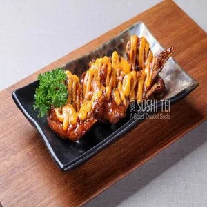 tori teba cheese_, 1. Aburi Salmon Roll, 2. Agedashi Tofu, 3. Unagi Hitsumabushi, 4. Spicy Miso Ramen, 5. Sashimi, 6. Salmon Mentai Sushi, 7. Jumbo Dragon Roll, 8. Shisamo, 9. Teriyaki Chicken, 10. Fuji Roll, 11. Spicy Salmon Inari, 12. Tori Teba Cheese