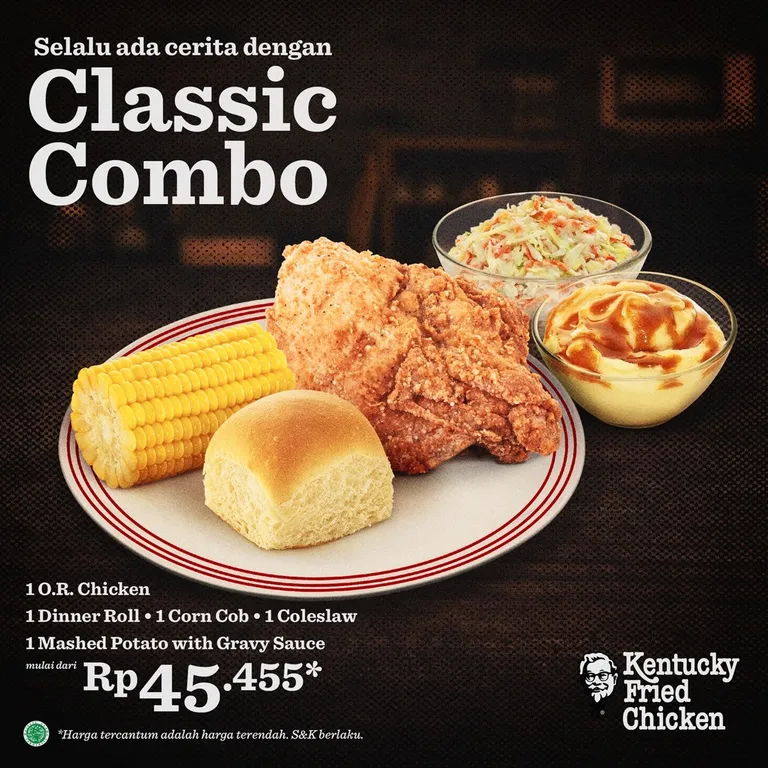 classic combo_, 1. Menu Sambal Nusantara, 2. KFC Snack Bucket, 3. Cream Puff, 4. Classic Combo, 5. Ayam Goreng KFC, 6. Rice Box KFC Bento, 7. Zuper Krunch Burger, 8. Kombo Winger, 9. Spaghetti Deluxe, 10. Yakiniku Rice, 11. KFC Cream Soup, 12. Lovlychee Float, 13. Es Kopi Susu KFC, 14. Pukis KFC, 15. Twisty