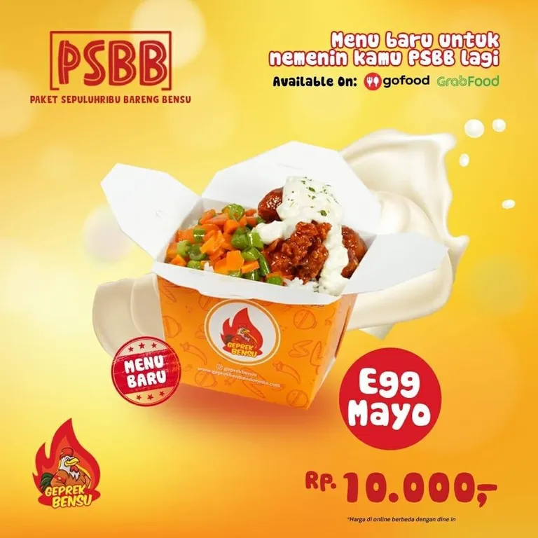 psbb egg mayo_, 1. Paket Geprek Bensu, 2. Paket Geprek Bensu Matah, 3. Paket Geprek Bensu Leleh, 4. Paket Geprek Bensu Sambal Kecombrang, 5. Paket Geprek Bensu Nasi Daun Jeruk, 6. Menu Kakak, 7. Kulit Crispy, 8. Paket Mie Geprek Bensu, 9. Paket Sadis, 10. Paket Geprek Bensu Ayam Tumbuk, 11. PSBB Egg Mayo, 12. Bensu Drink