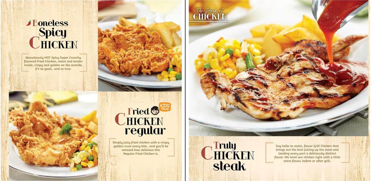 chicken steak, 1. Wagyu Steak, 2. Tenderloin Steak, 3. Sirloin Steak, 4. T-Bone Steak, 5. Rib Eye Steak, 6. Lamb Chop Steak, 7. Chicken Steak, 8. Fish Steak, 9. Kid's Menu, 10. Pasta, 11. Vegan Beef Steak, 12. Mix Beef Rice