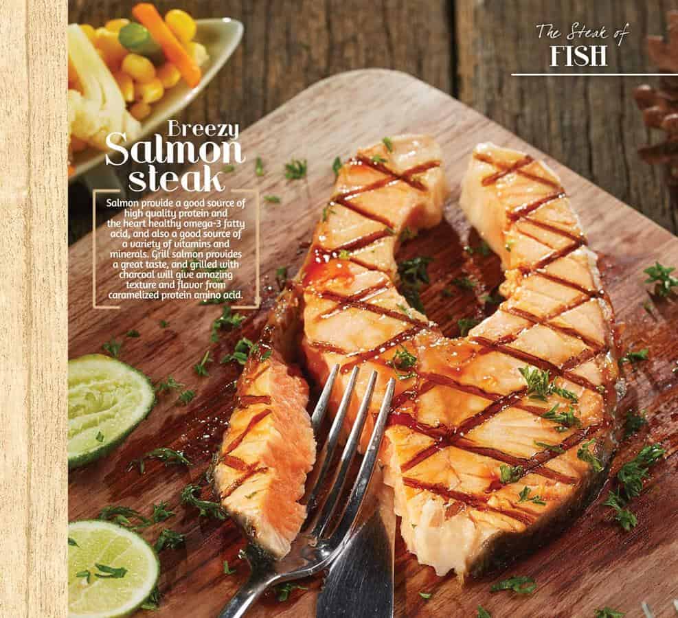 fish steak, 1. Wagyu Steak, 2. Tenderloin Steak, 3. Sirloin Steak, 4. T-Bone Steak, 5. Rib Eye Steak, 6. Lamb Chop Steak, 7. Chicken Steak, 8. Fish Steak, 9. Kid's Menu, 10. Pasta, 11. Vegan Beef Steak, 12. Mix Beef Rice