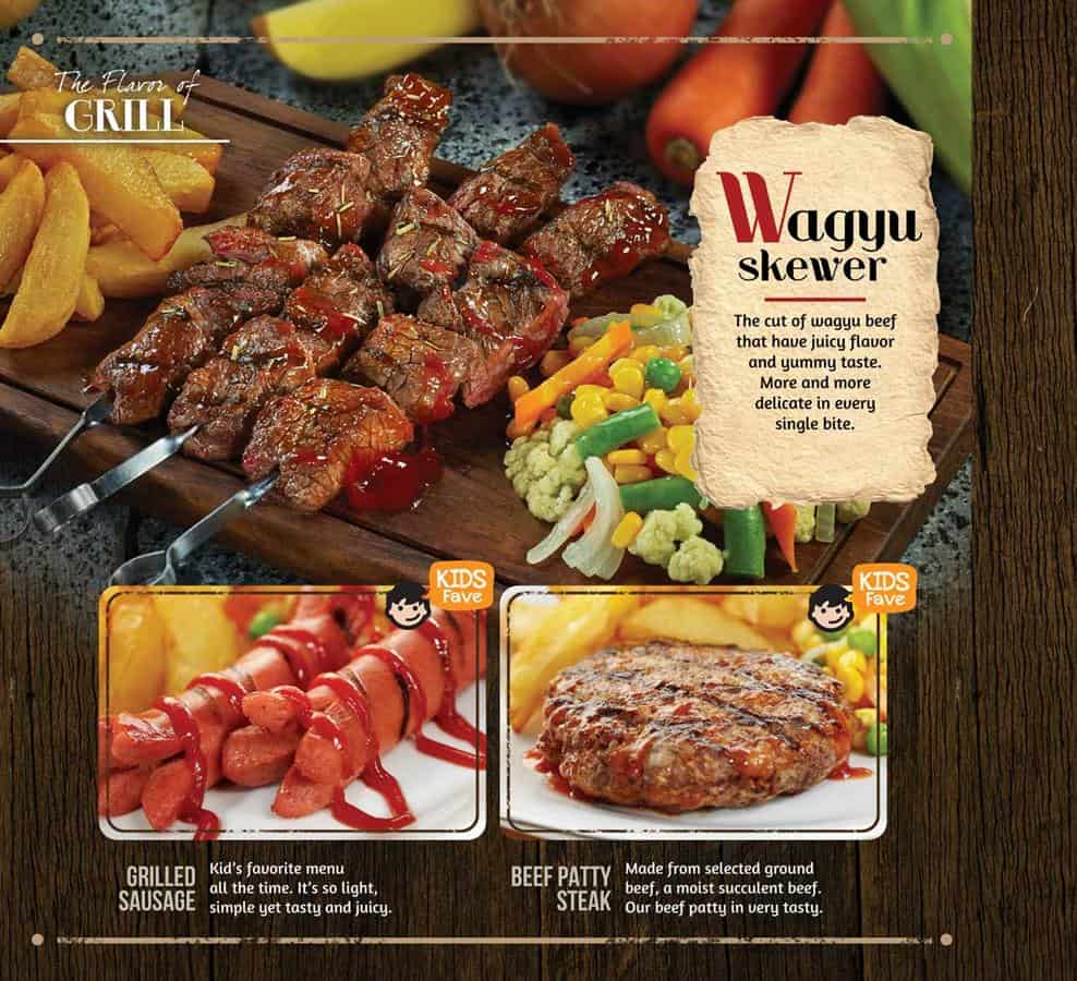 kid's menu, 1. Wagyu Steak, 2. Tenderloin Steak, 3. Sirloin Steak, 4. T-Bone Steak, 5. Rib Eye Steak, 6. Lamb Chop Steak, 7. Chicken Steak, 8. Fish Steak, 9. Kid's Menu, 10. Pasta, 11. Vegan Beef Steak, 12. Mix Beef Rice