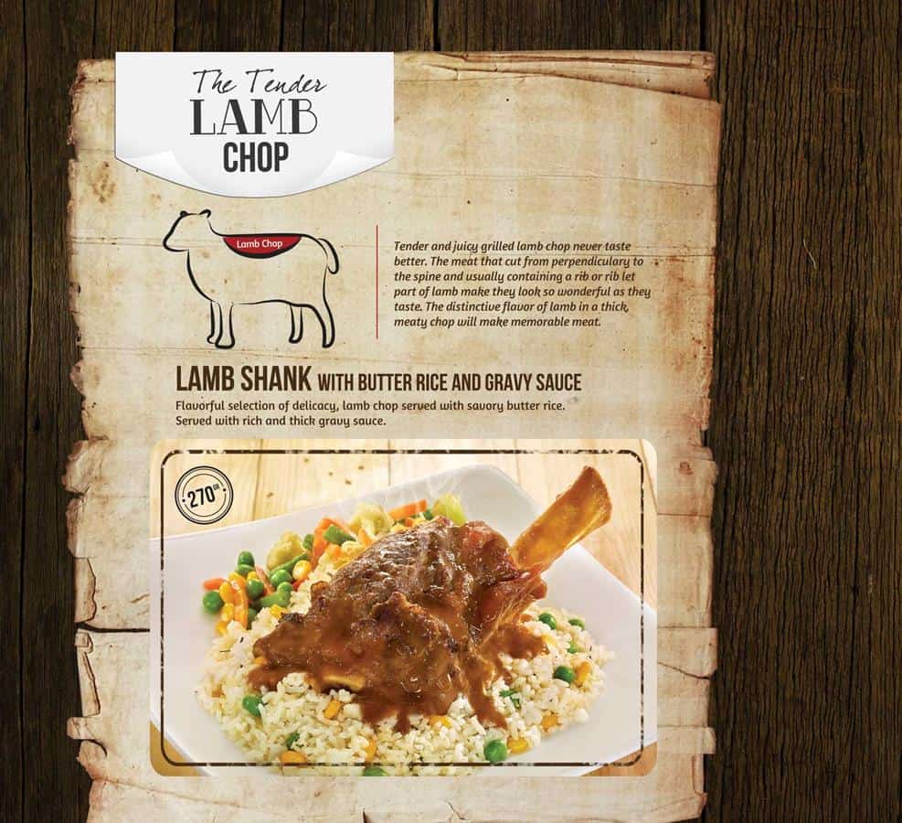 lamb chop, 1. Wagyu Steak, 2. Tenderloin Steak, 3. Sirloin Steak, 4. T-Bone Steak, 5. Rib Eye Steak, 6. Lamb Chop Steak, 7. Chicken Steak, 8. Fish Steak, 9. Kid's Menu, 10. Pasta, 11. Vegan Beef Steak, 12. Mix Beef Rice