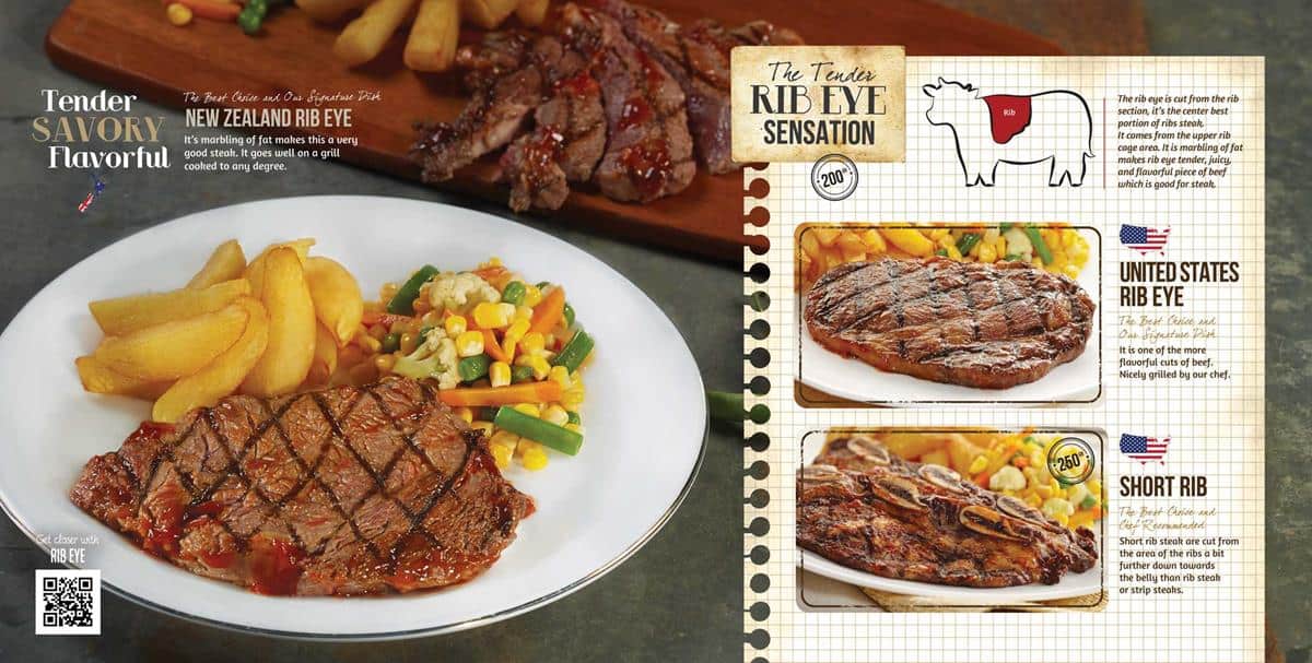 rib eye steak, 1. Wagyu Steak, 2. Tenderloin Steak, 3. Sirloin Steak, 4. T-Bone Steak, 5. Rib Eye Steak, 6. Lamb Chop Steak, 7. Chicken Steak, 8. Fish Steak, 9. Kid's Menu, 10. Pasta, 11. Vegan Beef Steak, 12. Mix Beef Rice