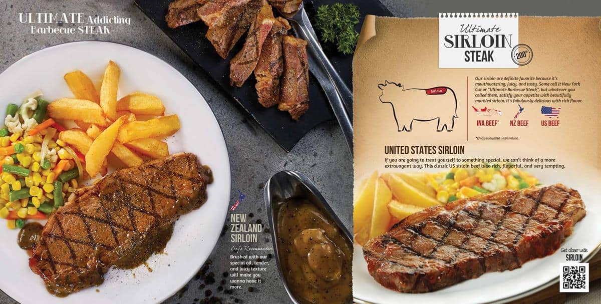 sirloin steak, 1. Wagyu Steak, 2. Tenderloin Steak, 3. Sirloin Steak, 4. T-Bone Steak, 5. Rib Eye Steak, 6. Lamb Chop Steak, 7. Chicken Steak, 8. Fish Steak, 9. Kid's Menu, 10. Pasta, 11. Vegan Beef Steak, 12. Mix Beef Rice