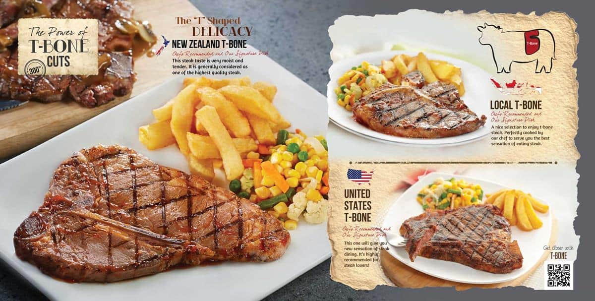 T-Bone Steak, 1. Wagyu Steak, 2. Tenderloin Steak, 3. Sirloin Steak, 4. T-Bone Steak, 5. Rib Eye Steak, 6. Lamb Chop Steak, 7. Chicken Steak, 8. Fish Steak, 9. Kid's Menu, 10. Pasta, 11. Vegan Beef Steak, 12. Mix Beef Rice