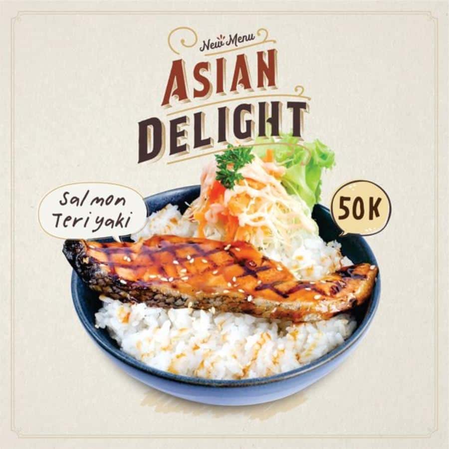 salmon teriyaki, 1. Crispy Chicken Maryland, 2. Grilled Chicken Vietnam, 3. Aglio Olio Pasta, 4. Salmon Teriyaki, 5. Surf n Turf Salad, 6. Pancake Oreo, 7. Roti Bakar Nutella with Vanilla Ice Cream, 8. Chicken Schnitzel, 9. Beef Rancher, 10. Iga Garang Asam