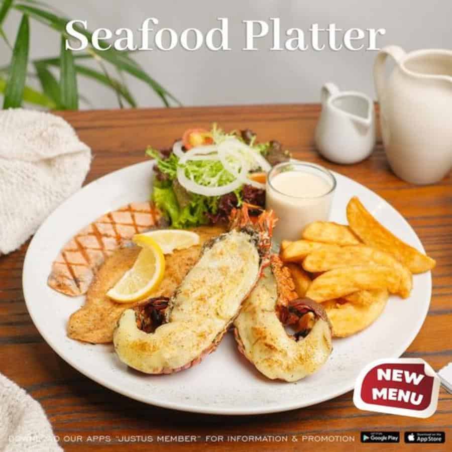 seafood platter, 1. US Black Angus Sirloin Steak, 2. Wagyu Saikoro Steak, 3. Aussie Lamb Chop, 4. American Fish &amp; Chip, 5. Norwegian Salmon Steak, 6. Cowboys Steak, 7. Chicken Melt, 8. Salmon Teriyaki, 9. Seafood Platter, 10. Chicken Cream Soup