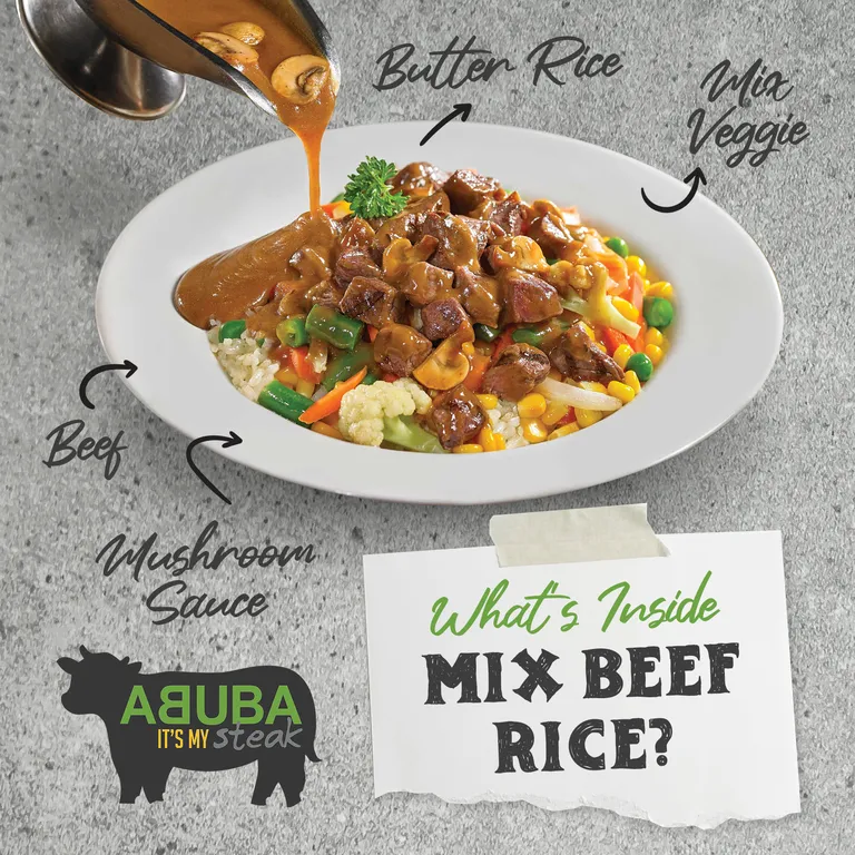 mix beef rice_, 1. Wagyu Steak, 2. Tenderloin Steak, 3. Sirloin Steak, 4. T-Bone Steak, 5. Rib Eye Steak, 6. Lamb Chop Steak, 7. Chicken Steak, 8. Fish Steak, 9. Kid's Menu, 10. Pasta, 11. Vegan Beef Steak, 12. Mix Beef Rice