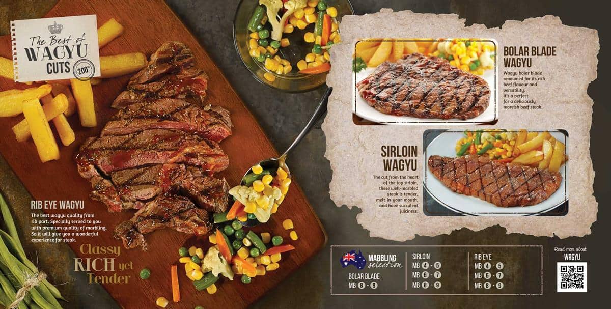 wagyu steak, 1. Wagyu Steak, 2. Tenderloin Steak, 3. Sirloin Steak, 4. T-Bone Steak, 5. Rib Eye Steak, 6. Lamb Chop Steak, 7. Chicken Steak, 8. Fish Steak, 9. Kid's Menu, 10. Pasta, 11. Vegan Beef Steak, 12. Mix Beef Rice