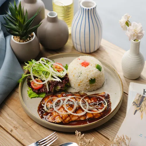 salmon teriyaki_, 1. US Black Angus Sirloin Steak, 2. Wagyu Saikoro Steak, 3. Aussie Lamb Chop, 4. American Fish &amp; Chip, 5. Norwegian Salmon Steak, 6. Cowboys Steak, 7. Chicken Melt, 8. Salmon Teriyaki, 9. Seafood Platter, 10. Chicken Cream Soup
