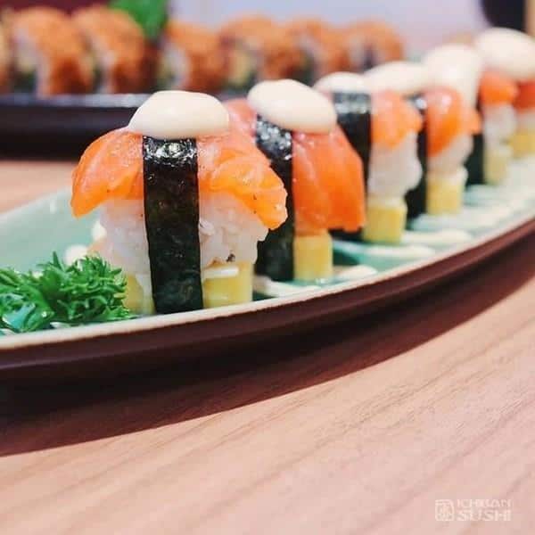 Salmon Cheese Roll, 1. Salmon Salad, 2. Ichiban Salad, 3. Salmon Cheese Roll, 4. Dragon Ball Roll, 5. Spicy Chicken Roll, 6. Top Gun Roll, 7. Namazu Temaki, 8. Namazu Tiger Roll, 9. Chuka Idako Sashimi, 10. Gyoza, 11. Best Bento, 12. Capital Party, 13. Beef Ramen Paitan, 14. Chicken Teriyaki Donburi, 15. Taco Sushi (Tacoban)