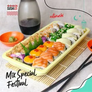 mix special festival_, 1. Crunchy Roll, 2. Paket OTW OK, 3. Salmon Spicy Roll, 4. Red Riot Roll, 5. Black Dragon Roll, 6. Salmon Mentai Roll, 7. Salmon Maki, 8. Tomyum Ramen, 9. Mozarice Mentai Chicken Katsu, 10. Mix Special Festival