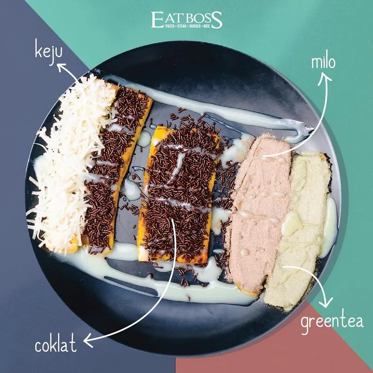 pisang bakar_, 1. Ramen Belly Beef Spicy , 2. Aneka Ricebowl, 3. Nasi Goreng Rendang, 4. Nasi Goreng Matah Katsu, 5. Meat Lover Pizza, 6. Crispy Chicken Steak, 7. Ramen Shoyu with Chikuwa, 8. Ayam Geprek Sambal Matah, 9. Boss Cordon Bleu, 10. Sup Iga, 11. Pisang Bakar, 12. Matcha Green Tea Milk, 13. Susu Caramel