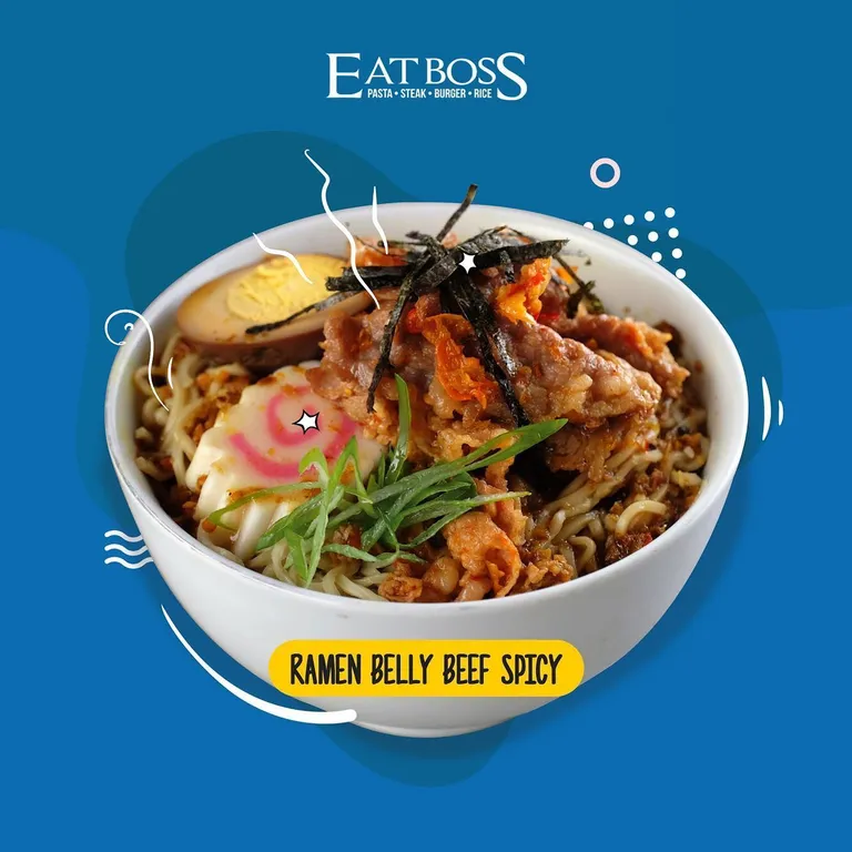 ramen belly beef spicy_, 1. Ramen Belly Beef Spicy , 2. Aneka Ricebowl, 3. Nasi Goreng Rendang, 4. Nasi Goreng Matah Katsu, 5. Meat Lover Pizza, 6. Crispy Chicken Steak, 7. Ramen Shoyu with Chikuwa, 8. Ayam Geprek Sambal Matah, 9. Boss Cordon Bleu, 10. Sup Iga, 11. Pisang Bakar, 12. Matcha Green Tea Milk, 13. Susu Caramel