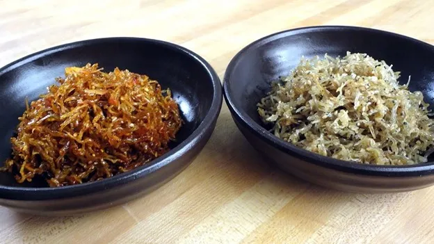 Myulchi Bokkeum_, 1. Pajeon, 2. Namul Muchim, 3. Cheongpomuk, 4. Kimchi, 5. Gim Gui, 6. Gamjajeon, 7. Ojingeo Chae Bokkeum, 8. Eomuk Bokkeum, 9. Myulchi Bokkeum, 10. Hobak Bokkeum, 11. Gamja Jeorim, 12. Goguma Mattang, 13. Gyeran Mari, 14. Yeongeun Jorim