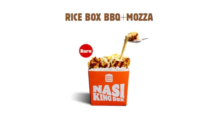rice box mozza, 1. Paket 1 PC Boneless , 2. BBQ Steakhouse Beef, 3. Classic Crispy Chicken Burger, 4. Plant Based Whopper, 5. Nasi King Box, 6. Jalapeno Cheesy Fries, 7. Whopper Junior, 8. BBQ Beef Rasher, 9. Mozzarella Cheeseburger, 10. Cheeseburger, 11. Fish Burger, 12. Super Float, 1. Italian Kings Beef Burger, 2. Kuro Ninja Beef Burger, 3. Ayam Yuzu, 4. Sakura Beef Burger, 5. Tropical Delight Beef Burger, 6. King's Chicken Geprek, 7. Cheesy King Beef Burger, 8. Purple Seoul Beef Burger