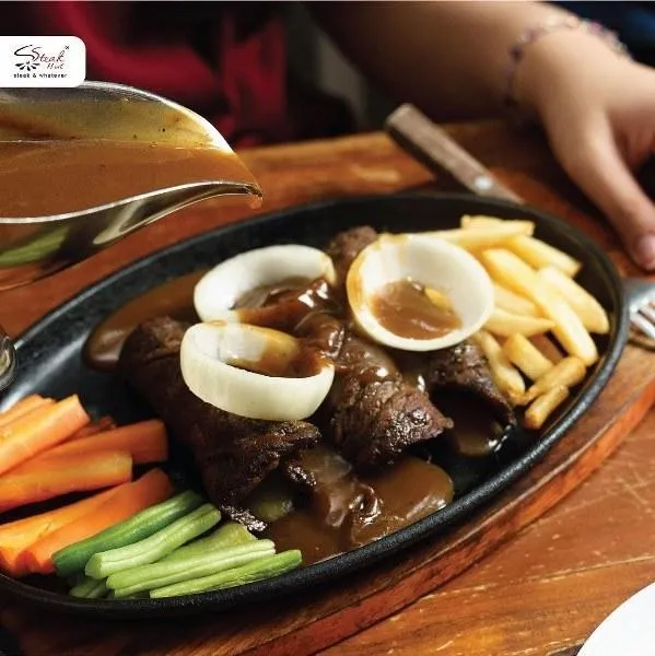Mozzarella Beef Roll, 1. Chicken Cordon Bleu, 2. Tenderloin Black Pepper, 3. Mozzarella Beef Roll, 4. Spicy Tenderloin Steak, 5. Beef Tongue Steak, 6. Sirloin Steak, 7. Chicken Steak, 8. Steak Hut Salad, 9. Steak Hut Omelet, 10. New Zealand Beef Rib