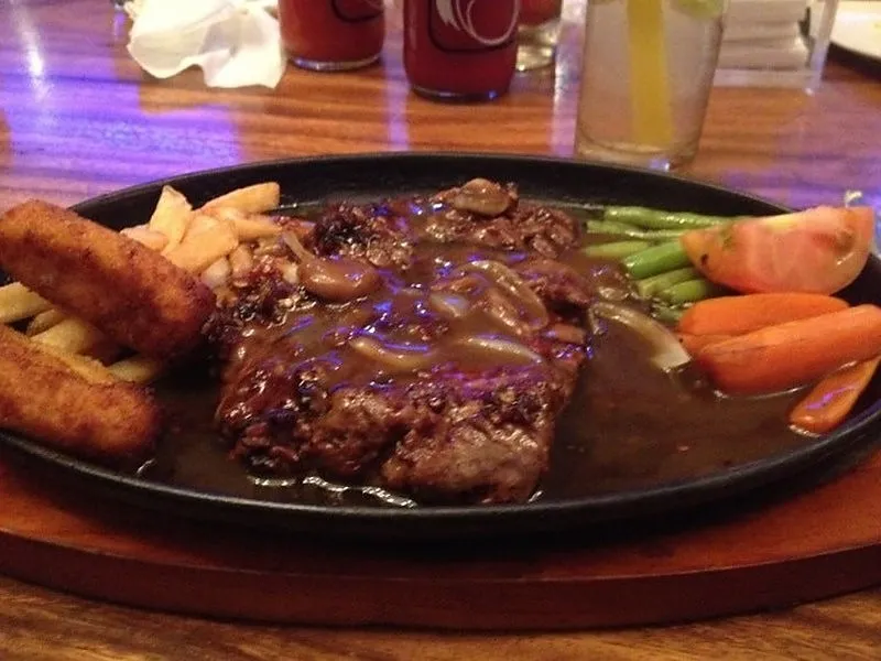 Spicy Tenderloin Steak, 1. Chicken Cordon Bleu, 2. Tenderloin Black Pepper, 3. Mozzarella Beef Roll, 4. Spicy Tenderloin Steak, 5. Beef Tongue Steak, 6. Sirloin Steak, 7. Chicken Steak, 8. Steak Hut Salad, 9. Steak Hut Omelet, 10. New Zealand Beef Rib