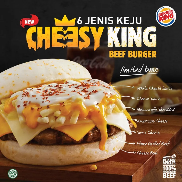 cheesy king beef, 1. Paket 1 PC Boneless , 2. BBQ Steakhouse Beef, 3. Classic Crispy Chicken Burger, 4. Plant Based Whopper, 5. Nasi King Box, 6. Jalapeno Cheesy Fries, 7. Whopper Junior, 8. BBQ Beef Rasher, 9. Mozzarella Cheeseburger, 10. Cheeseburger, 11. Fish Burger, 12. Super Float, 1. Italian Kings Beef Burger, 2. Kuro Ninja Beef Burger, 3. Ayam Yuzu, 4. Sakura Beef Burger, 5. Tropical Delight Beef Burger, 6. King's Chicken Geprek, 7. Cheesy King Beef Burger, 8. Purple Seoul Beef Burger