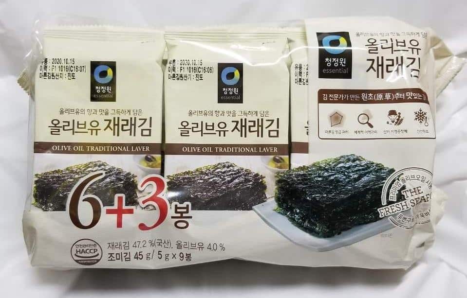 CJW Olive Oil Laver, 1. Doldori Seaweed Snack, 2. Samgak Kimbap, 3. Binggrae Banana Milk , 4. CJW Olive Oil Laver, 5. Milkis, 6. 아! 그칩 (Ah! Geu Chip), 7. Pepero, 8. Buah dan Sayuran Kering, 9. Dr. You Cereal Bar, 10. Crown Corn Chips, 11. Jolly Pong, 12. Chilsung Cider