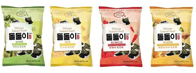 Doldori Seaweed Snack, 1. Doldori Seaweed Snack, 2. Samgak Kimbap, 3. Binggrae Banana Milk , 4. CJW Olive Oil Laver, 5. Milkis, 6. 아! 그칩 (Ah! Geu Chip), 7. Pepero, 8. Buah dan Sayuran Kering, 9. Dr. You Cereal Bar, 10. Crown Corn Chips, 11. Jolly Pong, 12. Chilsung Cider