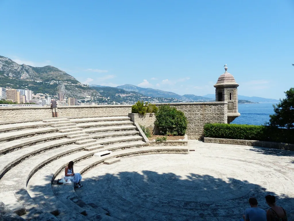 Fort Antoine, 1. Palais du Prince, 2. Monte Carlo, 3. Fort Antoine, 4. Musée Oceanographique, 5. Cathédrale de Monaco, 6. Jardin Exotique, 7. Opera de Monte-Carlo, 8. Monaco-Ville (Le Rocher), 9. Mont Agel, 10. Pantai Larvotto