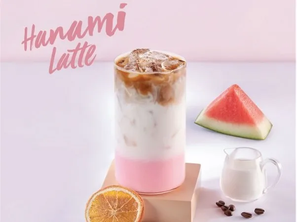 Hanami Latte, 1. Cold Brew Black, 2. Iced Americano, 3. Latte Fredo, 4. Caffee Latte, 5. Signature Mocha Frappe, 6. Hanami Latte, 1. Lush Pink Dragon Fruit, 2. Sparkling Rose Tea, 3. Green Tea Latte, 4. Brew Hibiscus Tea, 5. Cookies & Cream Frappe