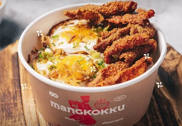 Endog Kulit Crispy, 1. Mangkokku Beef Onsen, 2. Ox Tounge Colo-Colo, 3. Beef with Sambal Korek Bawang, 4. Fried chicken with Sambal Korek Bawang, 5. Mangkok Crispy Chicken, 6. Fried Chicken with Sambal Ijo, 7. Endog Burger Mayo, 8. Endog Kulit Crispy, 9. Beef Hamburg Saos Semur, 10. Nasi Campur Crispy