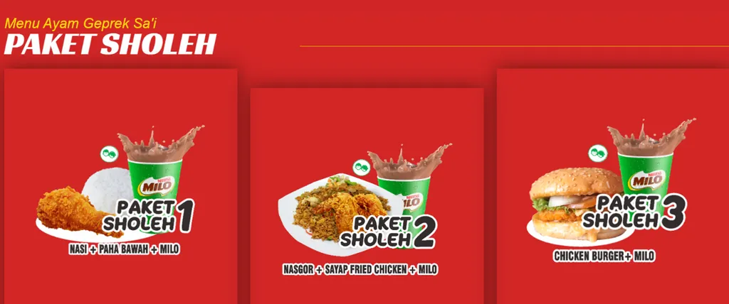 Paket Sholeh, 1. Paket Geprek, 2. Paket Matah, 3. Paket Fried Chicken, 4. Paket Sholeh, 5. Ayam Saus Rempah, 6. Sandwich Tempe, 7. Chicken Steak