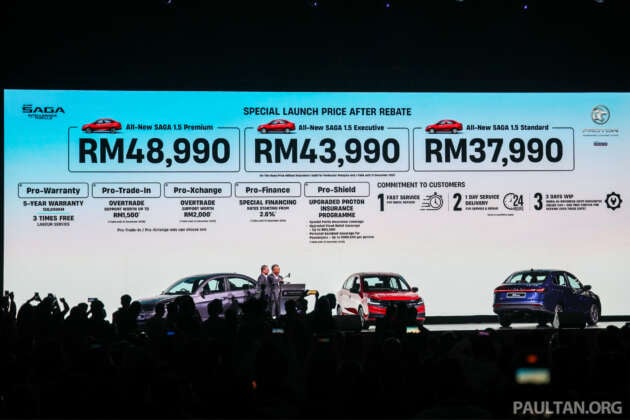 2026 Proton Saga MC3 launched – Standard RM38k, Executive RM44k, Premium RM49k, 120 PS 1.5L 4-cyl, Prices slightly lower than expected, from RM37,990, Revised AMA platform set to spawn new Saga variants, Goodbye CamPro, hello all-new 1.5 litre BHE15PFI four-cylinder, Aisin 4A/T or Punch CVT, 4.9 litres per 100 km fuel consumption, Heavy facelift with all-new front end, LED lighting standard, New interior, twin displays, wireless Apple CarPlay and Android Auto, Six airbags and ADAS now on, but only on Premium, Standard versus Executive versus Premium