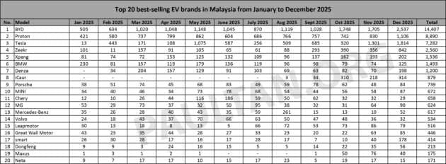 Top 20 EV brands in 2025 – BYD 1st with 14k; Proton under 9k; Tesla close 3rd; Zeekr beats Xpeng, Denza