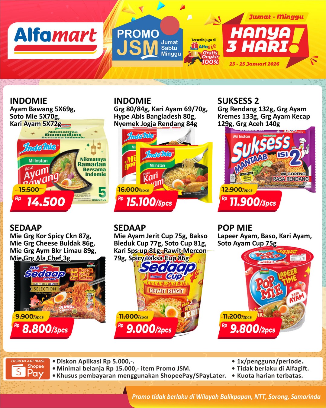 Alfamart, Promo Alfamart Hari Ini 23-31 Januari 2026, Diskon hingga 50 Persen, 1. Alfamart - Diskon JSM hingga 30 persen dan Beli 2 Gratis 1, 2. Alfamart - Paling Murah Sejagat Diskon Member, 3. Alfamart - Serba Gratis, 4. Alfamart - Diskon hingga 50 persen Sanitary Napkin Fair, 5. Alfamart - Diskon hingga 35 persen Home Care Fair dan Gratis Ongkir, 6. Alfamart - Diskon hingga 25 persen & Beli 2 Gratis 1 Baby Foods Fair, 7. Alfamart - Diskon hingga 50 persen Private Label, 8. Alfamart - Diskon hingga 45 persen Personal Care Fair, 9. Alfamart - Beverages Fair Diskon & Beli 2 Gratis 1, 10. Alfamart - Diskon hingga 40 persen Baby Diapers Fair, 11. Alfamart - Diskon Tebus Murah hingga Rp 15.000, 12. Alfamart - Beli TapCash BNI Gratis Mie Gekikara