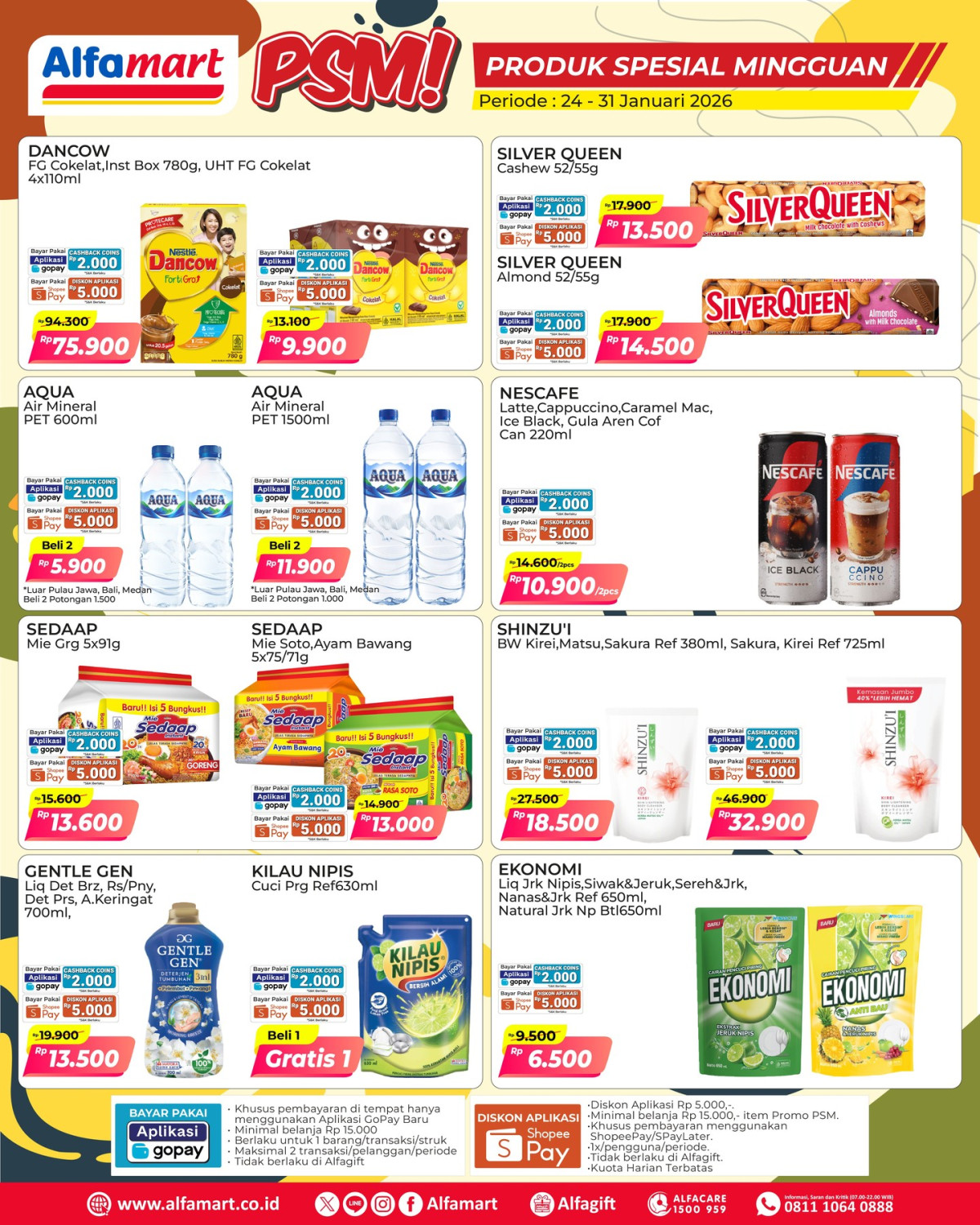 Alfamart, Promo Alfamart Hari Ini 24-31 Januari 2026, Diskon hingga 50 Persen untuk Produk Sehari-hari, Alfamart - Diskon Produk Spesial Mingguan, Alfamart - Diskon hingga 30%, Alfamart - Diskon hingga 39% untuk Cemilan &amp; Minuman, Alfamart - Diskon hingga 50% Private Label, Alfamart - Cashback Rp10.000, Alfamart - Tebus Murah Rp2.500 untuk minuman segar, Alfamart - Diskon hingga 45% Personal Care Fair