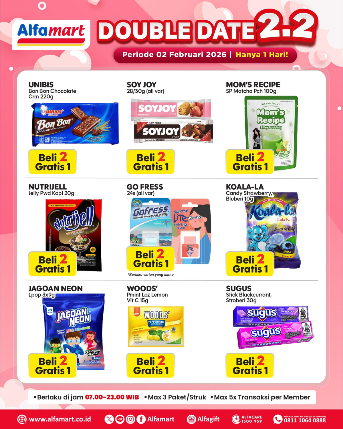 Alfamart, Beli 1 Gratis 1, Promo Alfamart Hari Ini 1-15 Februari 2026, Beli 1 Gratis 1, Beli 1 Gratis 1 Berbagai Produk, Diskon Cadbury Dairy Milk Rp 15.900, Beli 2 HAKU Almond Cup Rp 19.000, Cashback Rp10.000, Diskon hingga 40 persen Munggahan Fair, Tambah Rp100 Dapat 2 Pcs BELLA MR.P Honey Cashew Nut 45g, Tebus Murah Hemat hingga Rp15.000, Diskon Paling Murah Sejagat, Voucher Total Rp300.000 untuk 6 pemenang, Diskon Spesial Mingguan, Serba Gratis, Diskon ABC Sirup & Tango Wafer, Diskon Harga Turun Jauh, Program Tukar Poin Hello Panda
