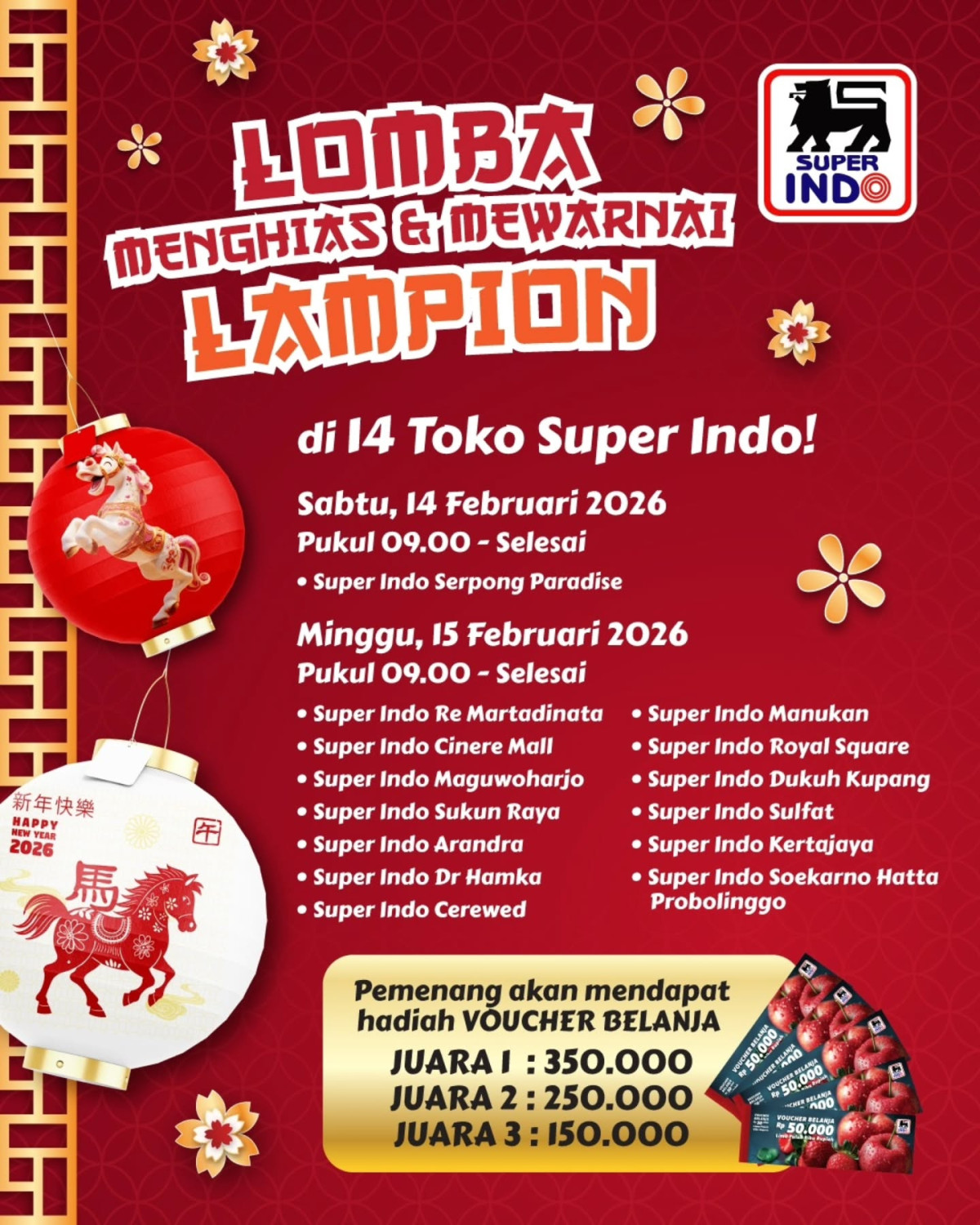 Super Indo, Promo Super Indo Hari Ini 12-18 Februari 2026, Ada Diskon Beras, Minyak Goreng hingga Daging Rendang, Super Indo - Lomba Menghias & Mewarnai Lampion Berhadiah Voucher Belanja, Super Indo - Diskon Beras Ramadhan Meriah, Super Indo - Diskon Minyak Goreng Bimoli, Tropical, dan SunCo, Super Indo - Diskon Buah Imlek, Super Indo - Diskon Beras Mini Pack Ramadan Ready, Super Indo - Diskon Harga Mulai Rp 1.750/100gr untuk Labu dan Ubi, Super Indo - Diskon Harga Mulai Rp 8.900/pcs untuk Aneka Pisang, Super Indo - Diskon Gula Tebu Gulaku & Rose Brand, Super Indo - Diskon Minyak Goreng 365 dan Rose Brand, Super Indo - Diskon Gula Pasir 365, Super Indo - Diskon Minyak Goreng Fortune, Super Indo - Diskon Daging Rendang Spesial, Super Indo - Diskon Steak dan Bahan Masakan hingga 25 persen, Super Indo - Diskon Strawberry Heart Pck 100gr, Super Indo - Diskon Lee Kum Kee Oyster Sauce & Sesame Oil, Super Indo - Diskon 20% Ikan Bandeng Jumbo Gratis Bakar/Goreng, Super Indo - Diskon Ayam Kampung Rp 47.900, Super Indo - Diskon Kue Keranjang Imlek, Super Indo - Beli 1 Gratis 1 BAP Sirloin & Saikoro Steak, Super Indo - Diskon Daging Munggahan, Super Indo - Diskon Cokelat hingga 30%