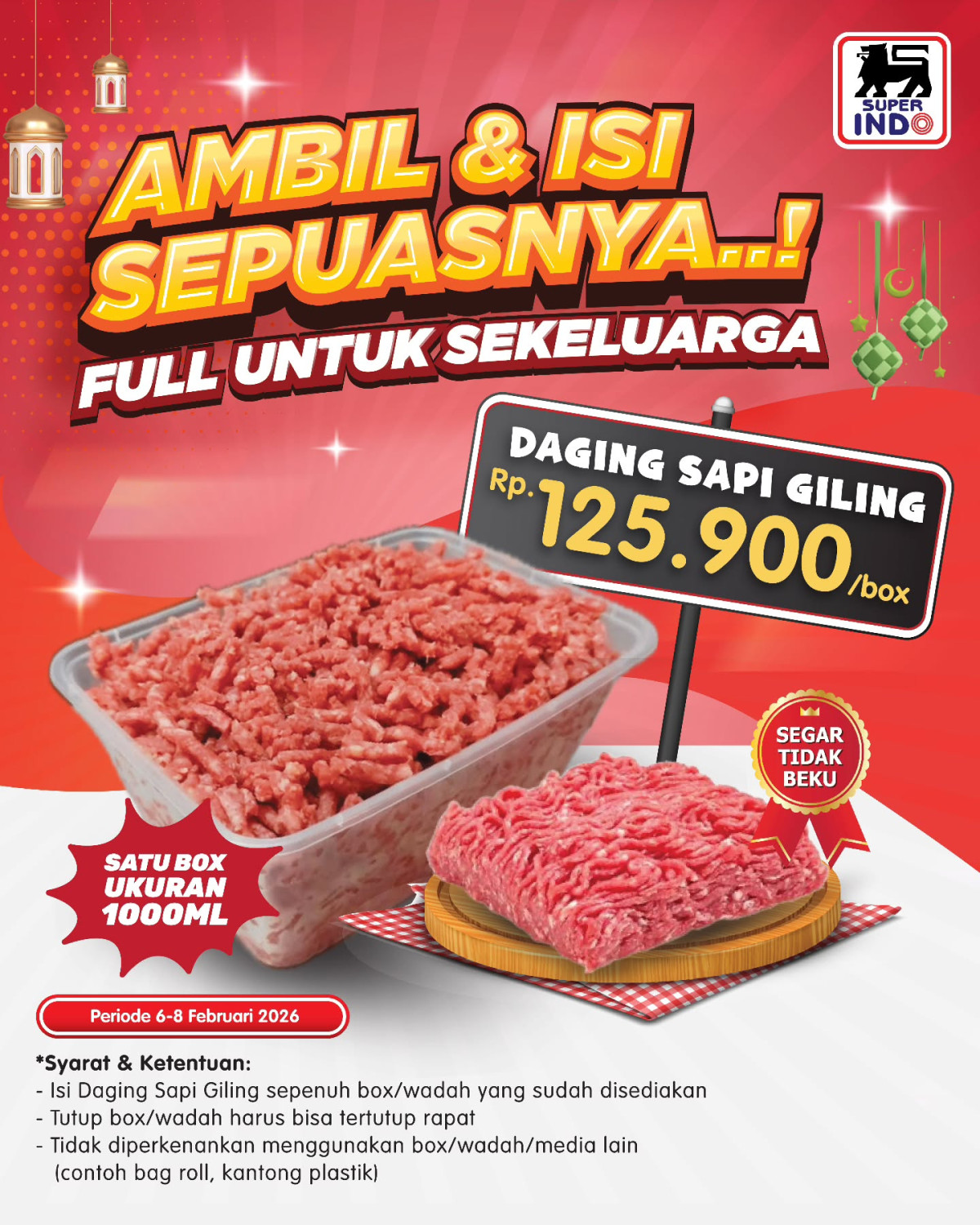 Superindo, Super Indo, Promo Superindo Hari Ini 6-8 Februari 2026, Diskon Menarik untuk Ramadhan, Diskon daging sapi giling Rp 125.900/box, Diskon Frisian Flag Susu UHT TPK 946ML, Diskon harga spesial minyak goreng Filma &amp; Sania, Diskon minyak goreng, Diskon biskuit dan wafer Ramadhan, Diskon berbagai produk, Diskon biskuit kaleng Ramadhan, Diskon 15% pembersih lantai Super Pell &amp; Wipol, Diskon daging meriah Ramadhan, Diskon produk ayam untuk Ramadhan, Diskon produk buah untuk Ramadhan, Diskon minuman Cap Panda &amp; Yeo's, Diskon harga spesial saus &amp; minyak wijen, Diskon pembersih piring, Diskon cokelat hingga 35%