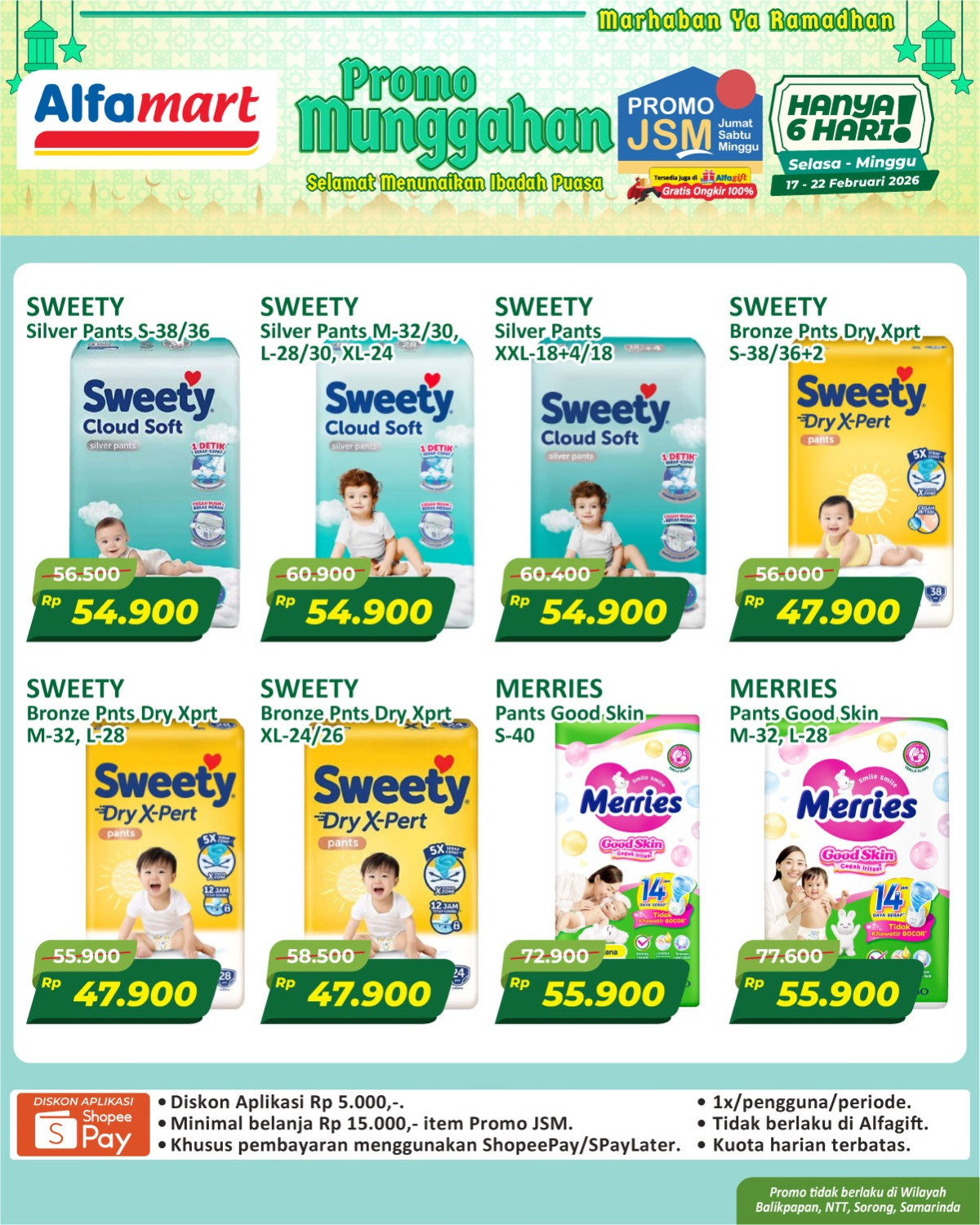Alfamart, Promo Alfamart Hari Ini 17-28 Februari 2026, Harga Spesial Minyak Goreng, Popok hingga Kebutuhan Dapur, Diskon Spesial Munggahan &amp; Diskon ShopeePay, Diskon Spesial Munggahan &amp; Cashback/Diskon GoPay/ShopeePay, Diskon Minyak Goreng Hemat, Diskon Ramadhan Hemat Berbagai Produk, Diskon &amp; Beli 2 Gratis 1 Promo JSM Spesial Munggahan, Diskon Beli 2 Snack Tambah Rp 2.000, Diskon hingga 35 persen untuk Kebutuhan Dapur, Diskon Cemilan Hemat, Diskon Susu SGM Eksplor hingga Rp 75.100, Diskon hingga 32% Beverage Fair, Promo Google Play Imlek, Voucher UniPin Bonus hingga 20.000 UniPin Credits &amp; Gratis Minuman