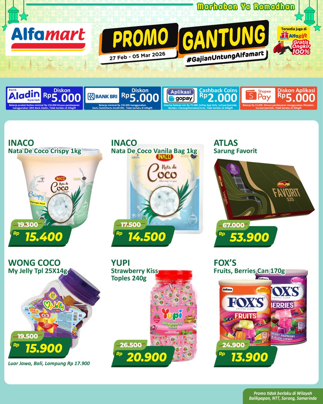 Alfamart, Promo Alfamart Hari Ini 27 Feb - 5 Maret, Minyak Goreng Sania 2 Liter Rp 37.900, 1. Diskon Promo Gantung Spesial Ramadhan, 2. Diskon Biaya Admin Rp 2.500, 3. Diskon Tebus Murah Ramadhan Hemat, 4. Diskon Berbagai Produk Paling Murah Sejagat, 5. Voucher Belanja Total Rp 225.000, 6. Diskon Roti Pilihan, 7. Diskon Yogurt Fair, 8. Diskon Es Krim Pilihan, 9. Diskon Tebus Murah Minuman Rp 2.500, 10. Hadiah Langsung Top Up, 11. Diskon Hingga 50% Hidangan Ramadan