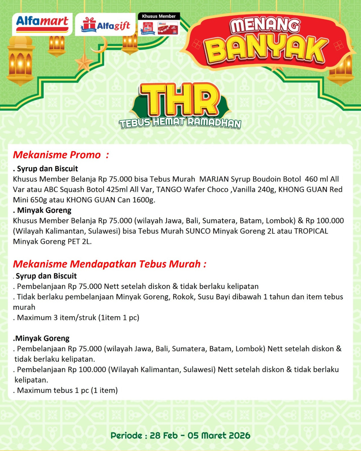 Alfamart, promo Alfamart, Promo Alfamart Hari Ini 27 Februari - 5 Maret 2026, Minyak Goreng 2 Liter Rp 37.900, Alfamart - Tebus Hemat Ramadhan THR, Alfamart - Diskon Minyak Goreng Sania, Filma, Tropical 2L, Alfamart - Tebus Murah Minyak Goreng 2L Rp 37.900, Alfamart - Diskon Tebus Murah Minyak Goreng, Alfamart - Promo Gantung Spesial Ramadan, Alfamart - Diskon Minyak Goreng Hemat