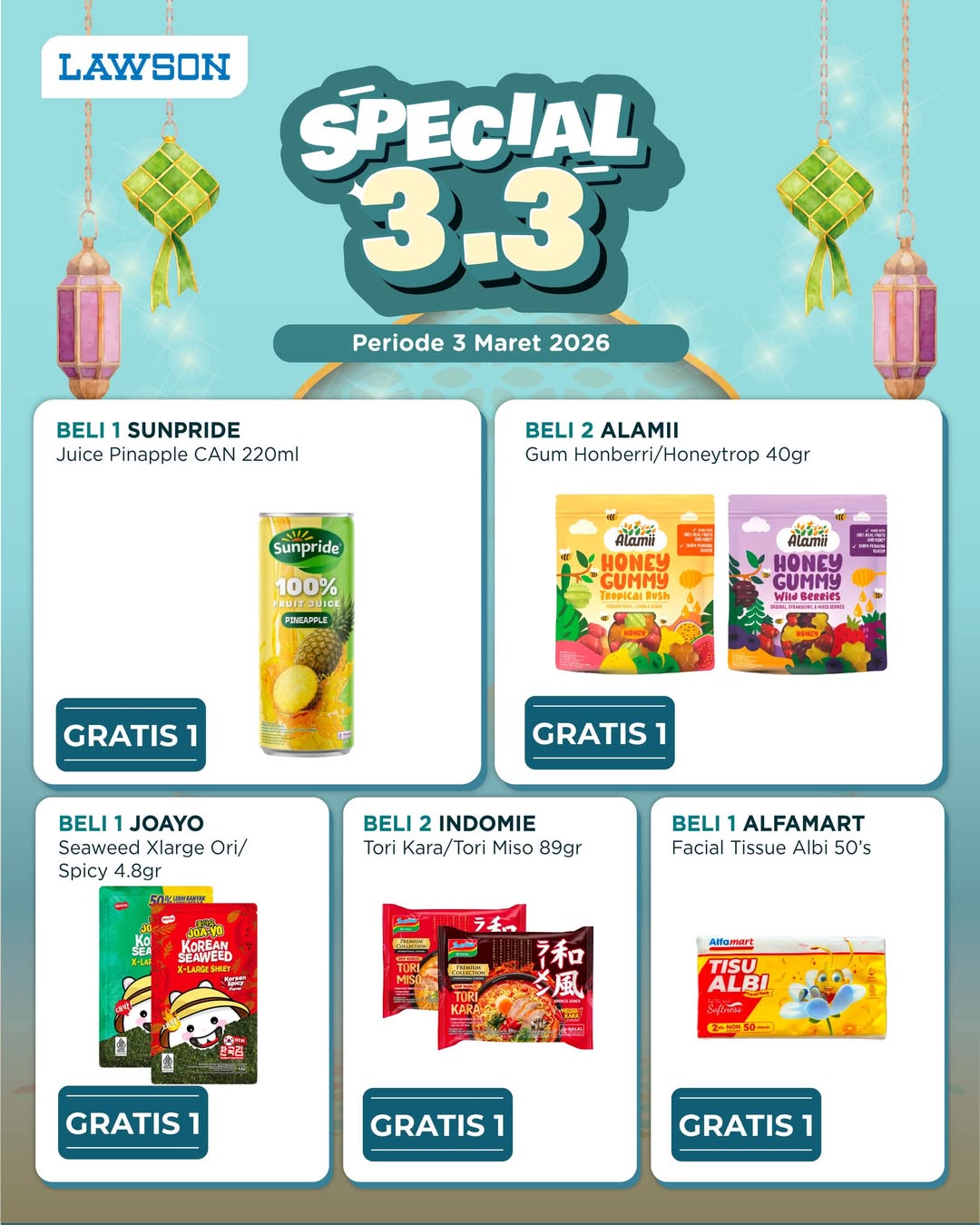 Lawson, Promo Lawson Hari Ini 1-30 Maret 2026, Beli 1 Gratis 1, Lawson - Beli 1 Gratis 1 Spesial 3.3, Lawson - OMG Promo Minuman Large Size, Baca juga: , Lawson - Diskon Serius Murah Seminggu, Lawson - Diskon Paket Oishii Mulai Rp9.900
